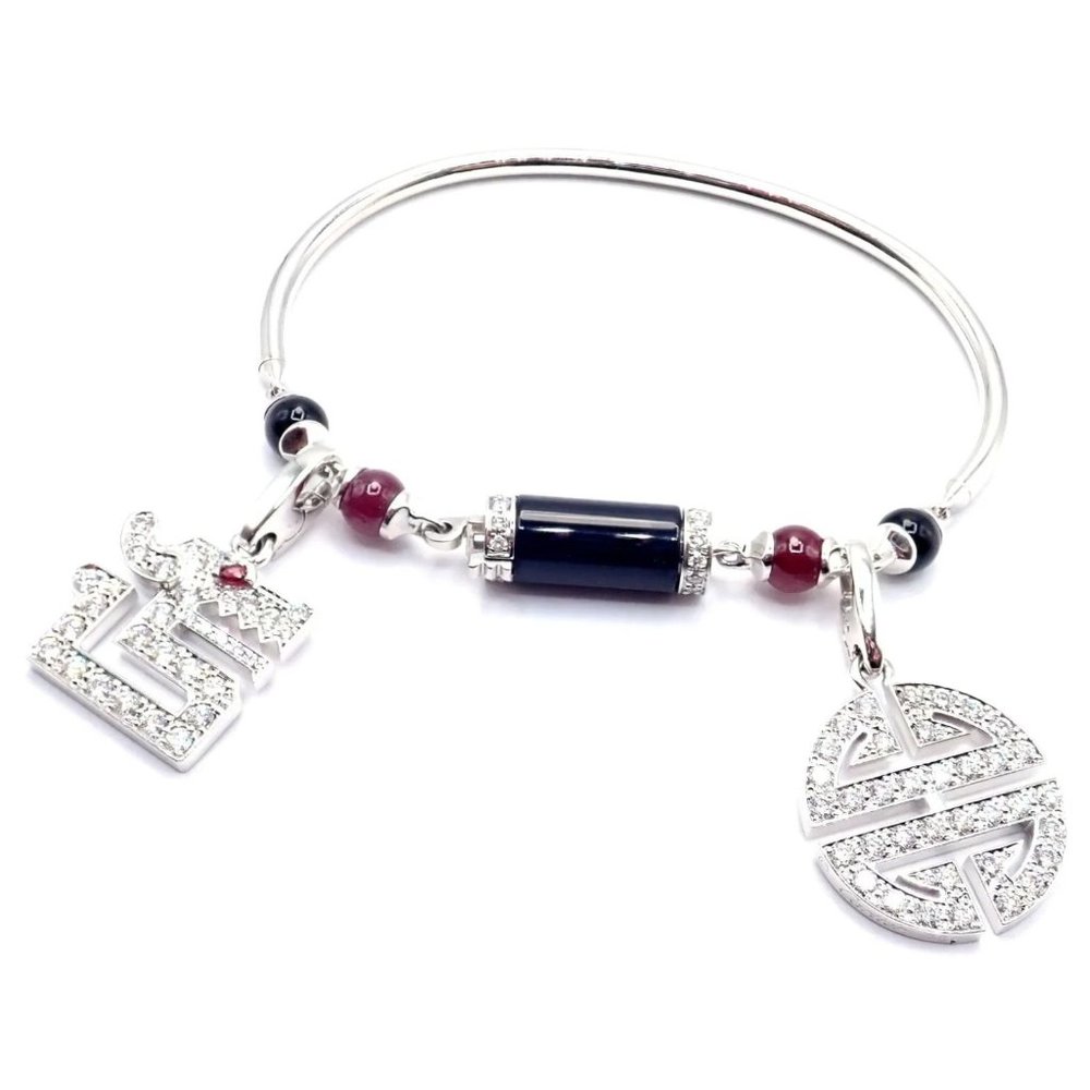 Cartier Le Baiser Du Dragon 18k Gold Diamond Ruby Onyx 2 Charms Bangle Bracelet